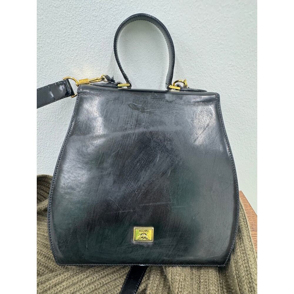 Vintage Black Leather Bag Moschino Golden Lips Buckle handbag bag (pu2000thrifty - Picture 12 of 14